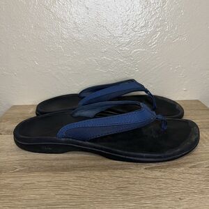 Olukai Ohana Women's Sz 7 Blue Thong Leather Sandals Flip Flop Slip-On Comfort